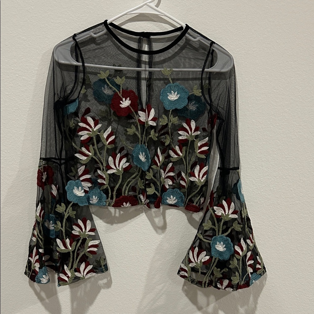 Elegant Sheer Black Floral Embroidered Blouse